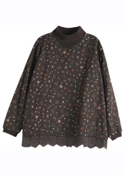 Coffee Turtleneck Print Lace Patchwork Fleece Sweatshirts Long Sleeve