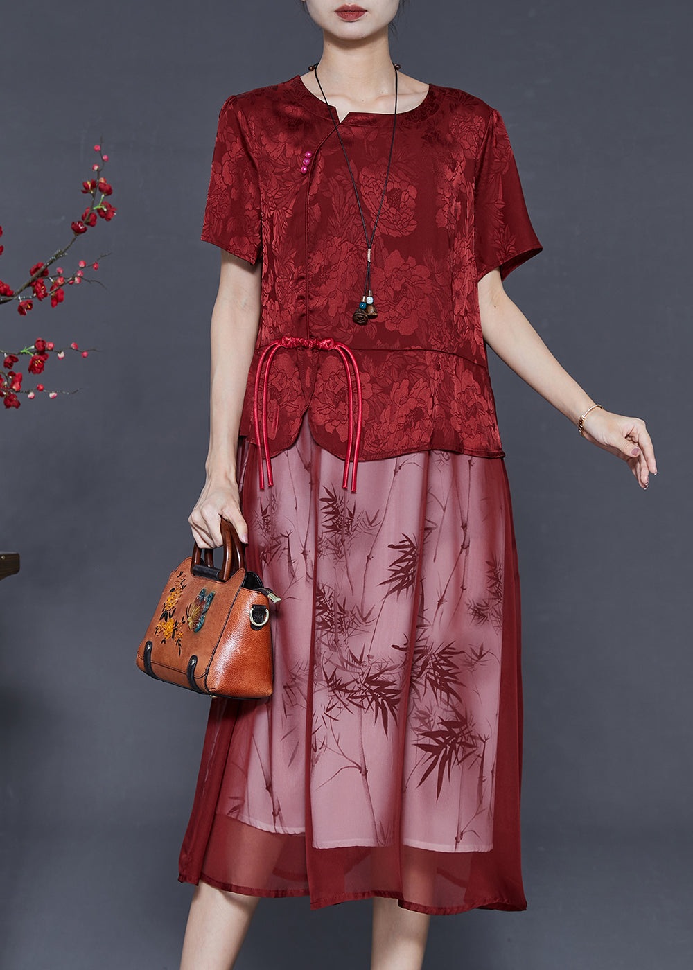 Red Tasseled Patchwork Jacquard Silk Dress Summer