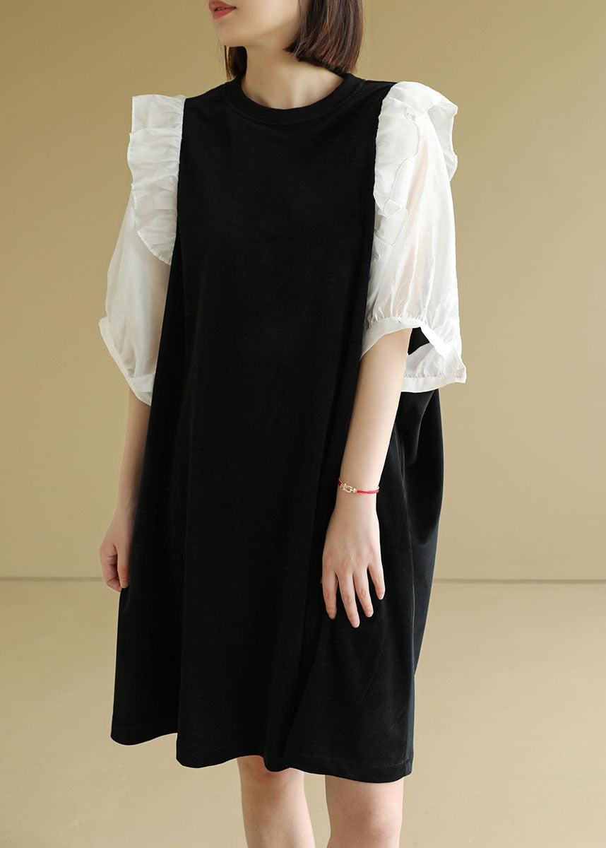 Black O-neck Patchwork Ruffles Velour a Line Dress Half Sleeve
