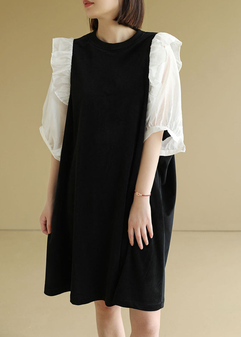 Black O-neck Patchwork Ruffles Velour a Line Dress Half Sleeve