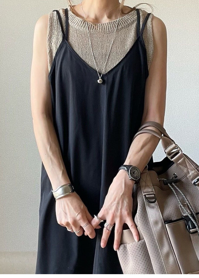 Black Ruffled Patchwork Spaghetti Strap Cotton Dresses Sleeveless