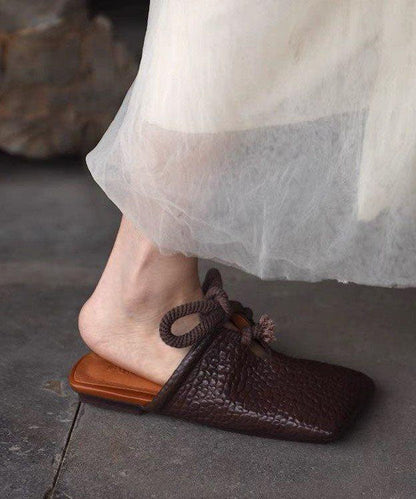 Splicing Brown Faux Leather Slide Sandals Lace Up