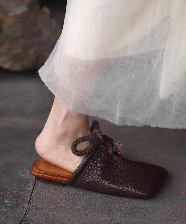 Splicing Brown Faux Leather Slide Sandals Lace Up
