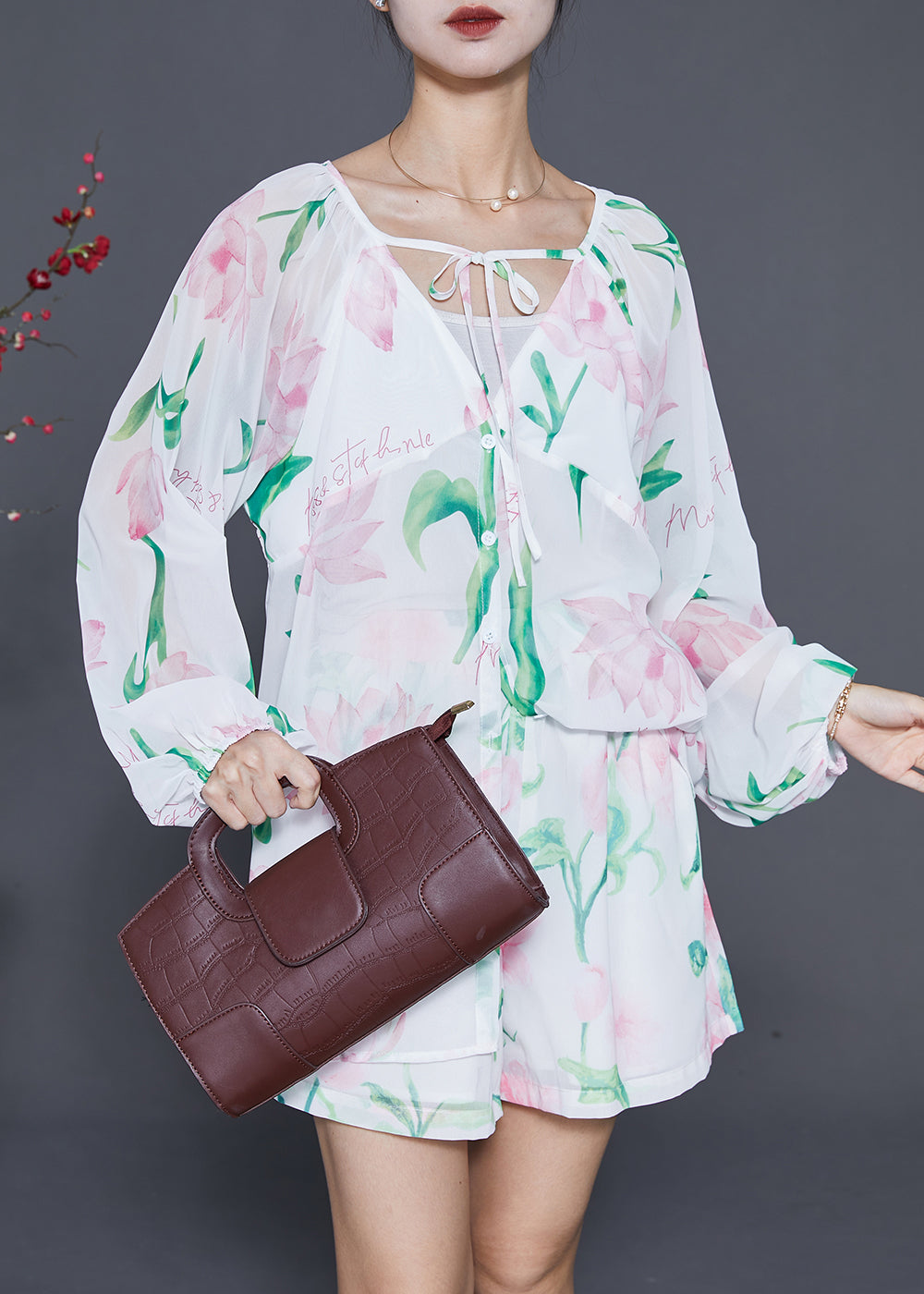 White Print Lace Up Chiffon Two Piece Set Outfits Summer