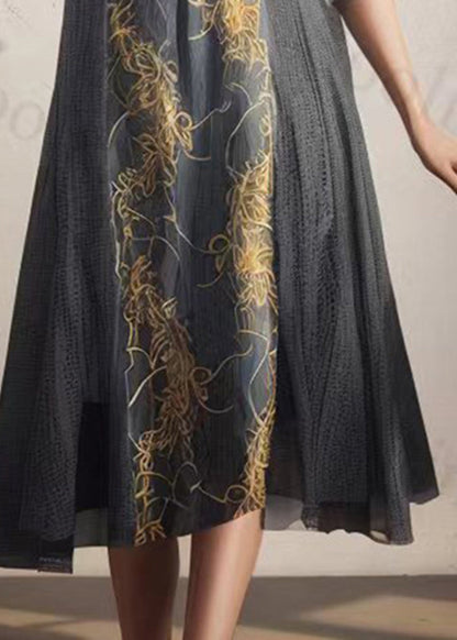 Classy Grey Green Print Patchwork Silk Maxi Dresses Short Sleeve