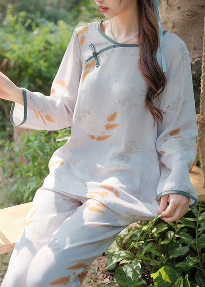 Green O Neck Button Print Cotton Two Pieces Set Long Sleeve