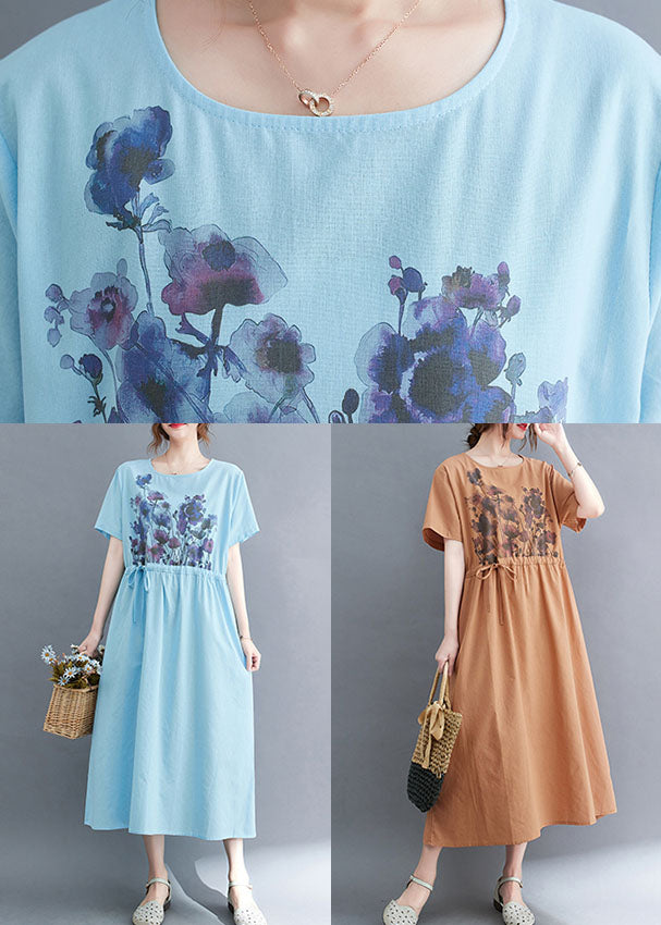 French Light Blue O-neck Print Drawstring Cotton Vacation Dress Short Sleeve
