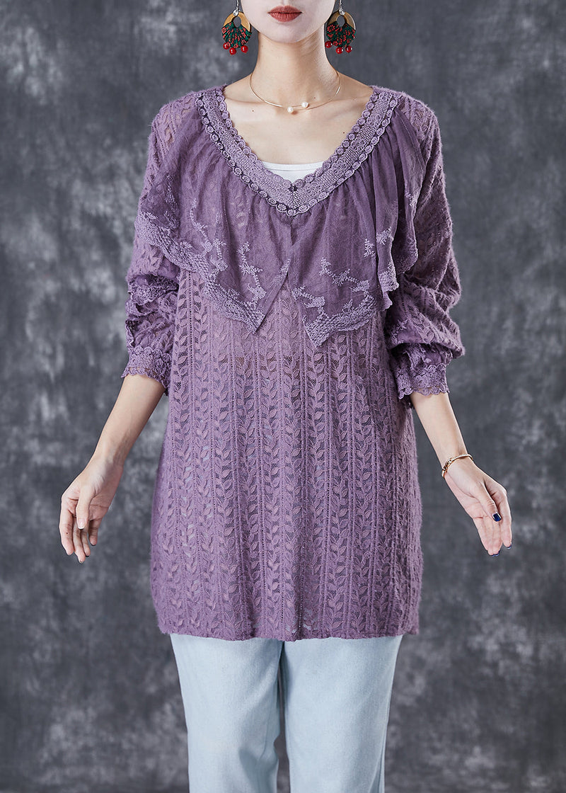 Purple V Neck Patchwork Lace Shirts Fall