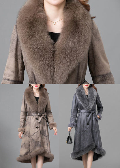 Khaki Fox Collar Tie Waist Fuzzy Rabbit Leather and Fur Coats Winter