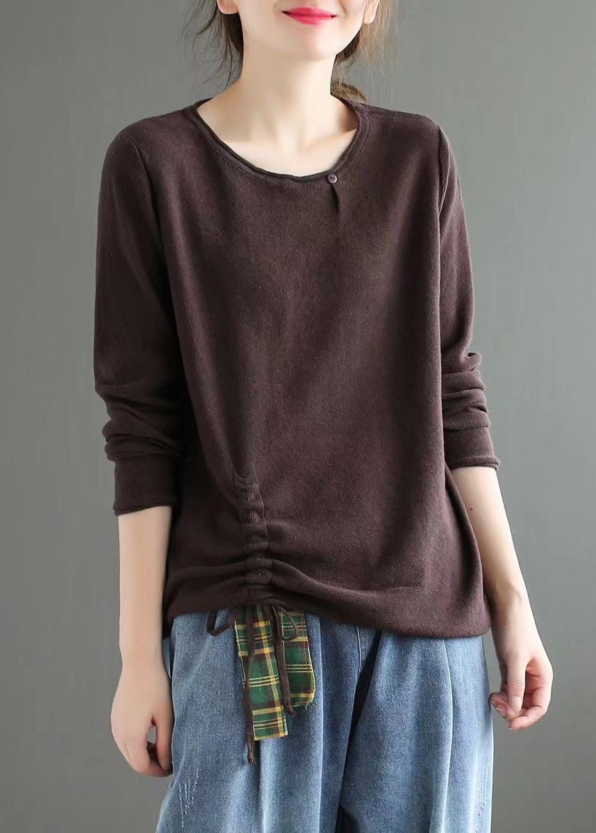 Light Camel O Neck Drawstring Patchwork Cotton Top Fall