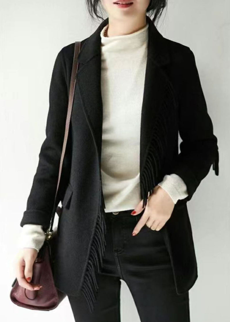 French Grey Notched Tassel Woolen Blend Coat Fall