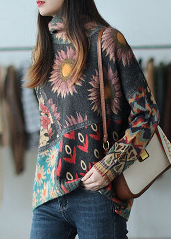 Turtle Neck Print Mink Hair Knitted Sweater Tops Winter
