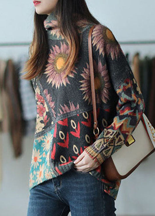 Turtle Neck Print Mink Hair Knitted Sweater Tops Winter
