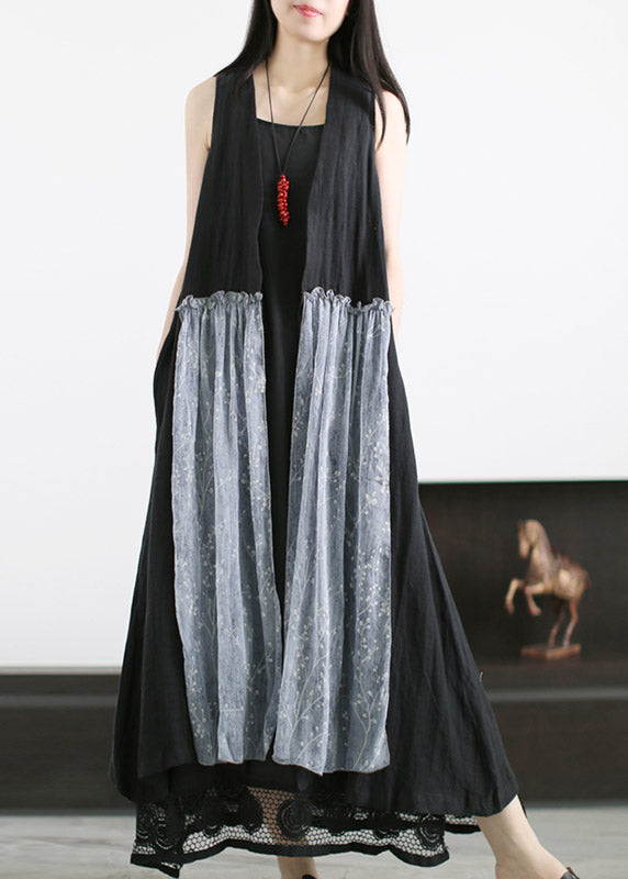 Black Print Silk Patchwork Linen Waistcoat and Spaghetti Strap Dress Two Piece Set Summer