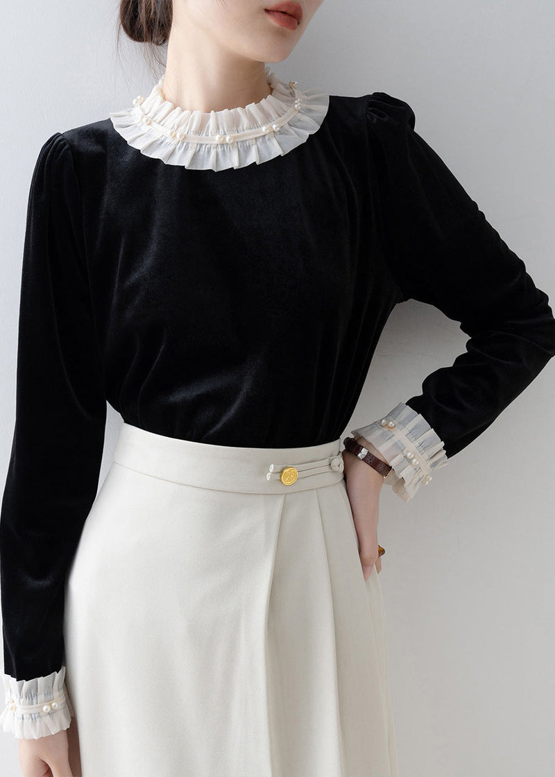 Black Ruffled Patchwork Silk Velour Shirt Top Spring