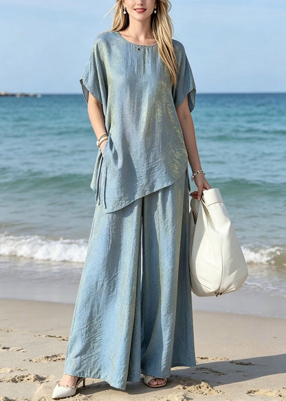 Gradient Color Blue O-neck Silk T Shirts and Wide Leg Pants Two Pieces Set Short Sleeve