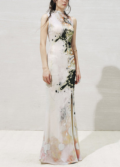 White Stand Collar Print Tulle Two Pieces Set Sleeveless
