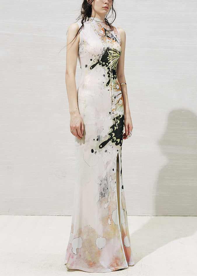 White Stand Collar Print Tulle Two Pieces Set Sleeveless