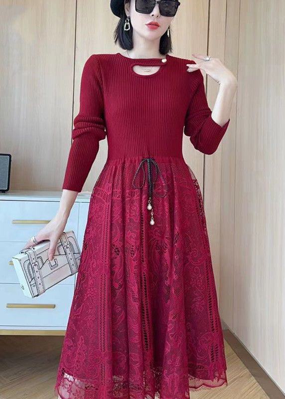 Khaki Tie Waist Lace Patchwork Dresses Spring