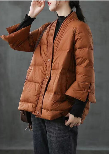 Caramel V Neck Button Thick Winter Jackets