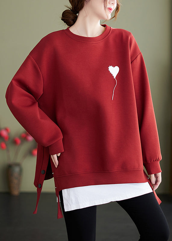 Green Print Cotton Pullover O Neck Side Open Winter