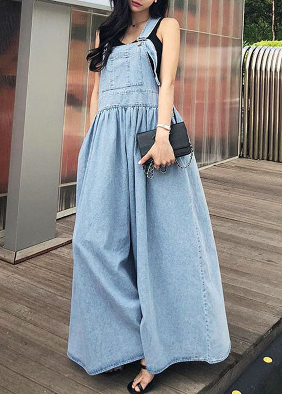 French Blue Wrinkled Patchwork Denim Long Dress Sleeveless Summer