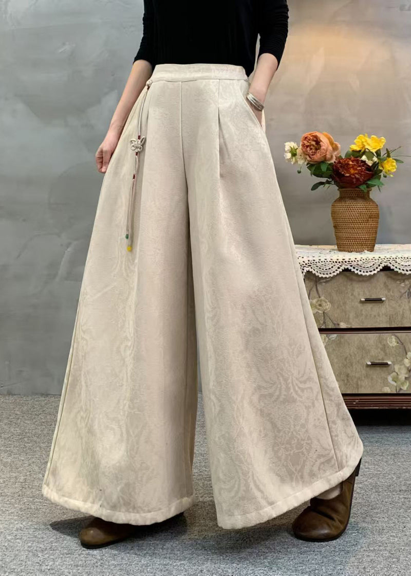 Beige Tassel Embroidered Warm Fleece Pants Winter