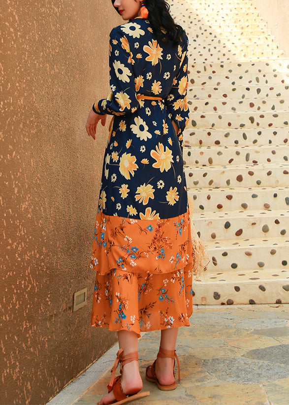 Italian Colorblock Ruffled Print Lace Up Patchwork Chiffon Dresses Fall