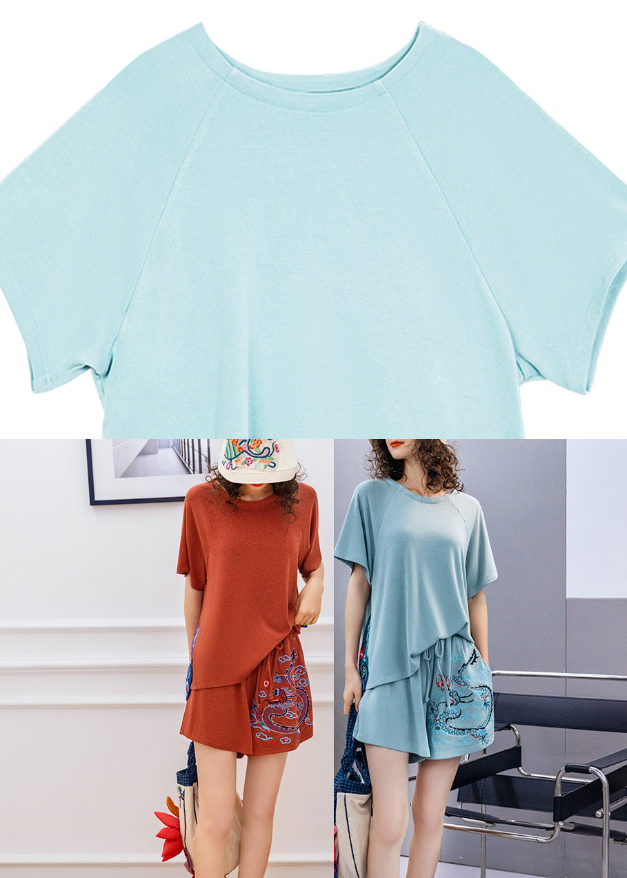 Blue O-neck Top and Shorts Two Pieces Set Summer