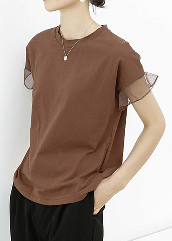 Brown Tulle Patchwork Cotton T Shirt Summe