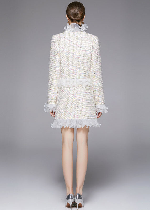 Beige Asymmetrical Patchwork Ruffles Woolen Two Piece Suit Set Fall