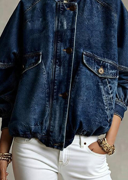 Loose Blue Stand Collar Pockets Denim Jacket Spring