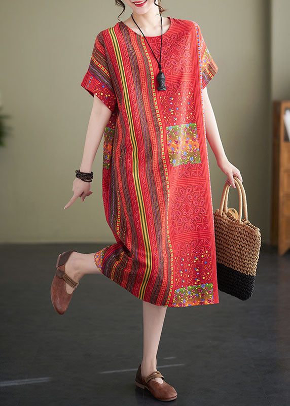 Red O Neck Print Patchwork Linen Mid Dresses Summer