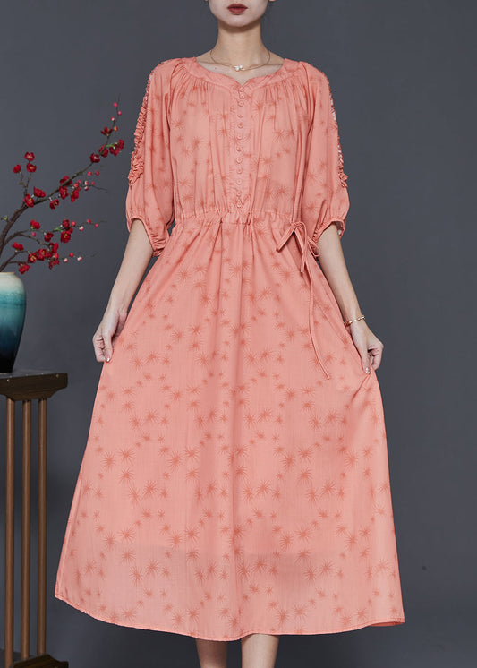 Orange Ruffled Print Linen Cinched Dress Summer