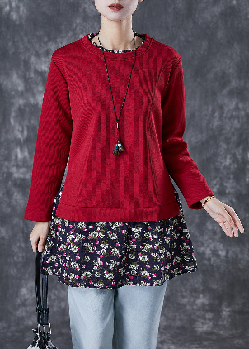 Red Print Patchwork Warm Fleece Blouses Winter