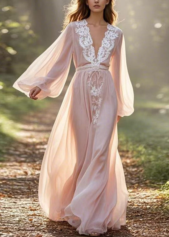 Boutique V Neck Lace Patchwork Chiffon Maxi Dresses Lantern Sleeve Summer