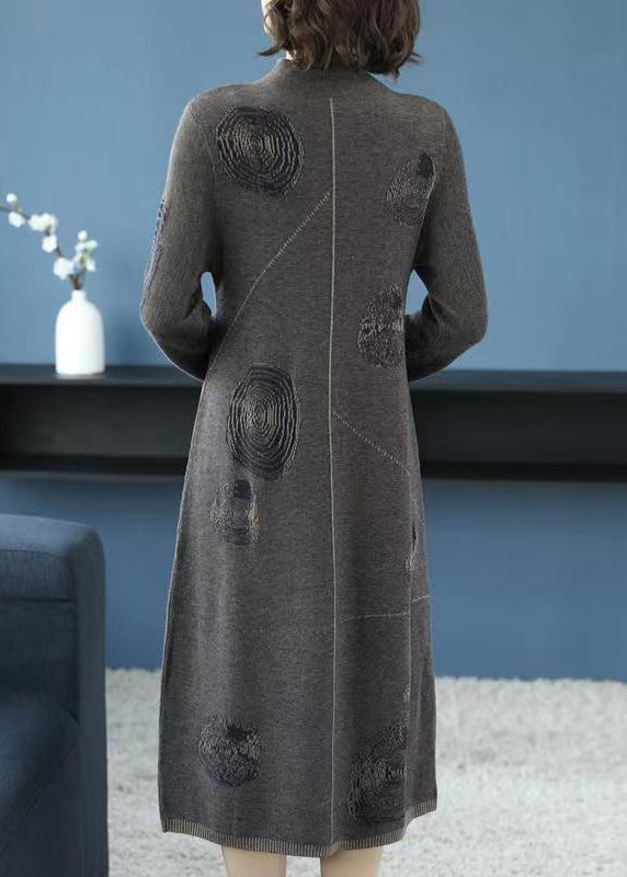 Grey Turtleneck Patchwork Cotton Knit Dress Fall
