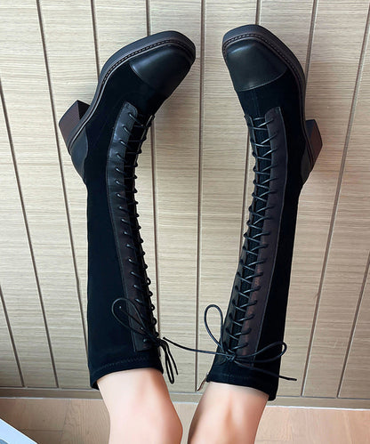 Comfortable Chunky Boots Brown Suede Cross Strap