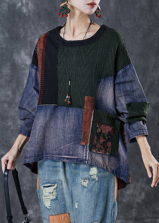 Navy Patchwork Denim Shirt Asymmetrical Oversized Spring