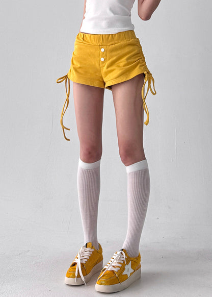 Yellow Cinched Cotton Summer Shorts Elastic Waist