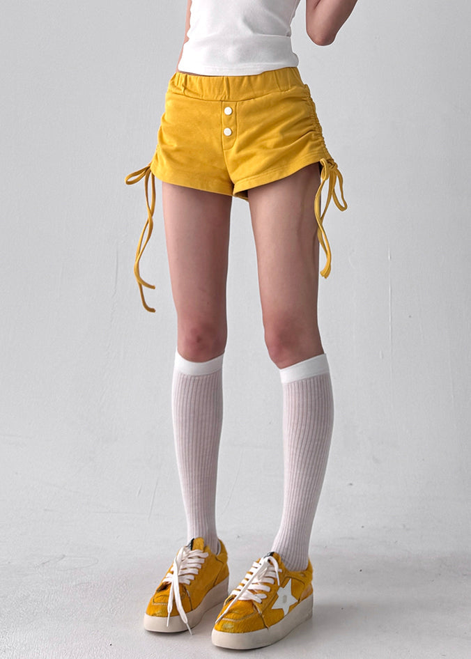Yellow Cinched Cotton Summer Shorts Elastic Waist