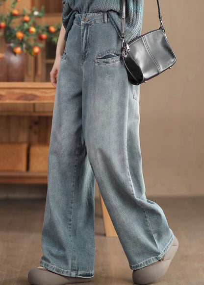 Blue Pockets High Waist Denim Wide Leg Pants Spring