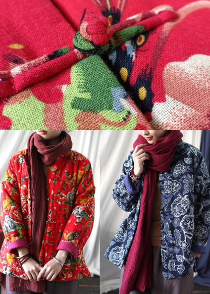 Blue Stand Collar Print Fine Cotton Filled Jackets Spring
