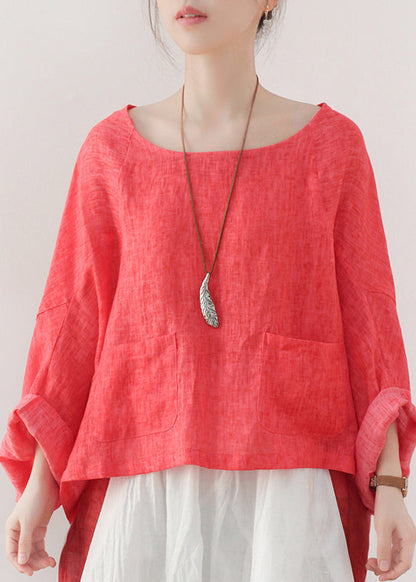 Red O-neck Linen Pullover Sweatshirt Batwing Sleeve