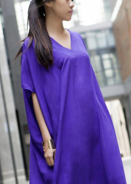 Modern Purple Clothes V Neck Baggy Dresses