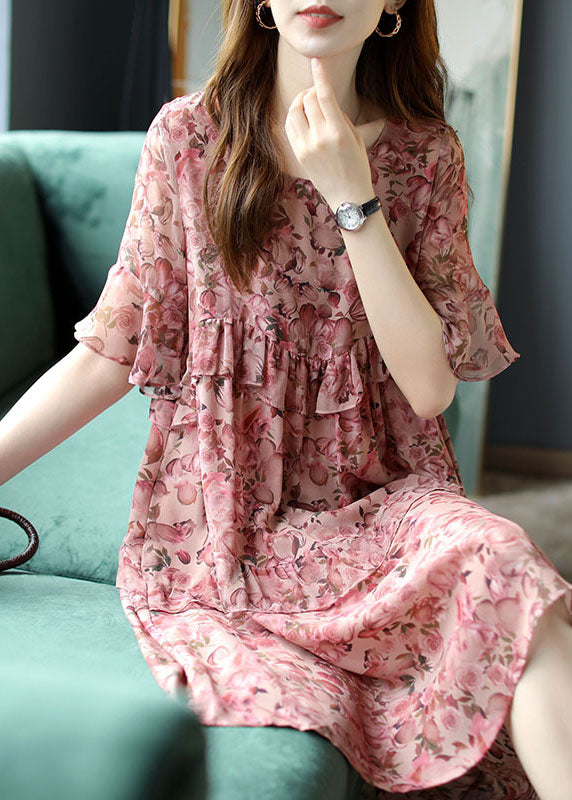 Classy Pink O-neck Ruffles Patchwork Print Silk Dresses Petal Sleeve