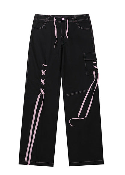 American Spicy Girl Black Color Tie Up Design Straight Leg Jeans Spring