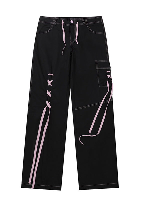 American Spicy Girl Black Color Tie Up Design Straight Leg Jeans Spring