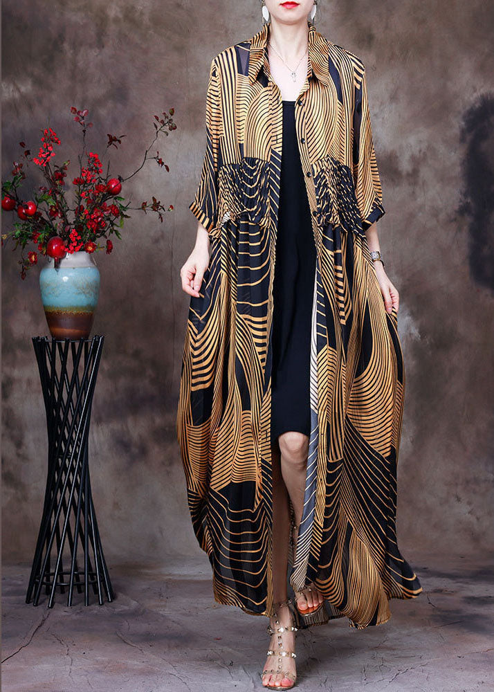 Yellow Peter Pan Collar Wrinkled Striped Print Chiffon Long Shirt Half Sleeve