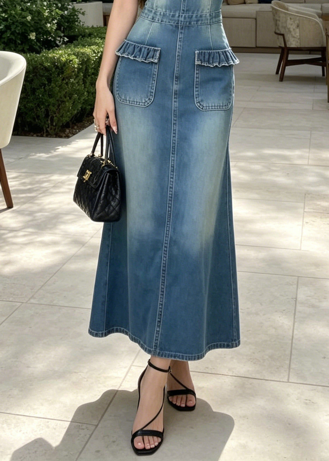 Modern Blue Ruffled Pockets Denim Long Dress Summer